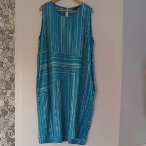 For Cynthia Dress Women's 3X Blue Linen Blend Sleevless Summer Maxi Pockets